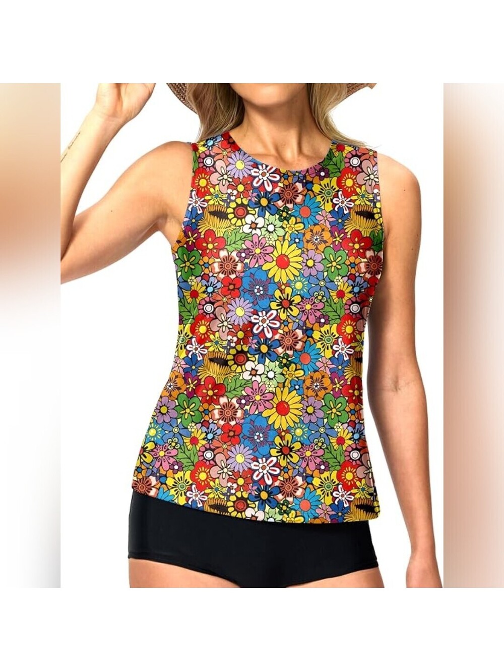 NWT Viodia Women's Floral High-Neck Swimsuit Tankini Swim Top with UPF 50+, XL